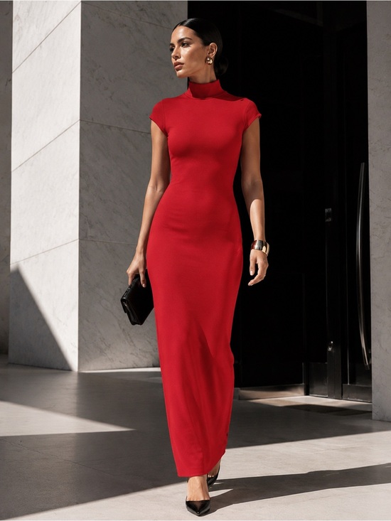 Zara Dresses & Skirts - Zara Red/Orange Ribbed Stretch Mock Neck Cap Sleeve Maxi Dress S Bodycon Date